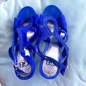 Blue suede, 5-inch open toed heels